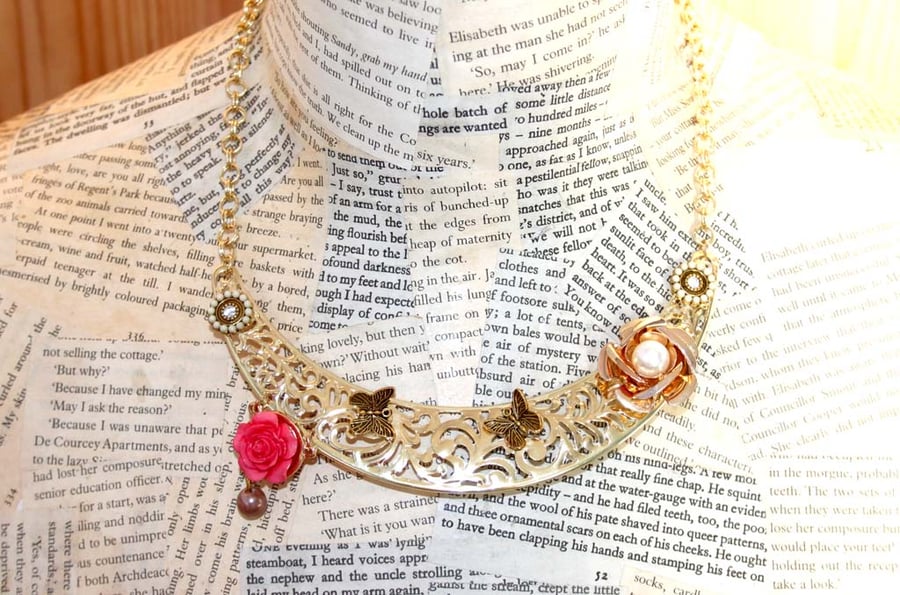 Gold Rose Flower and Butterfly Handmade Bib Statement Necklace