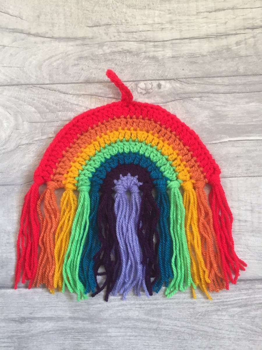 Hanging crocheted rainbow, rainbow wall hanger, rainbow door hanger, rainbow 