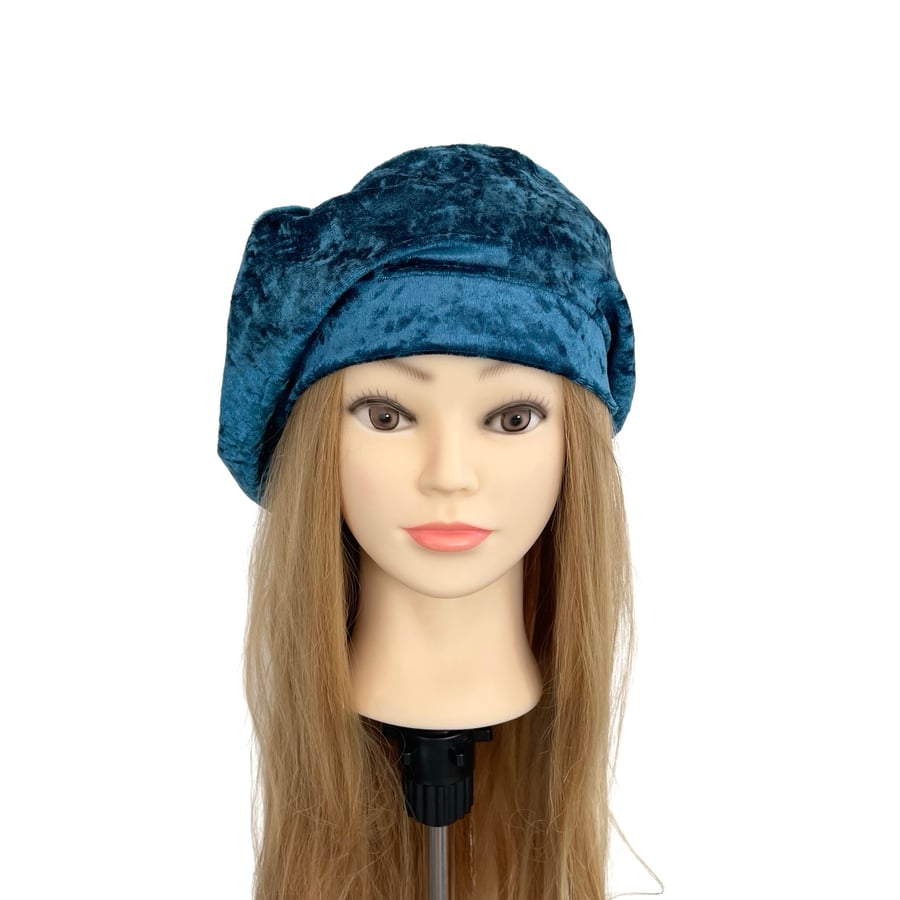 Teal Blue Retro Vintage Style Beret Hat for Women Crushed Velour Beret Hat 
