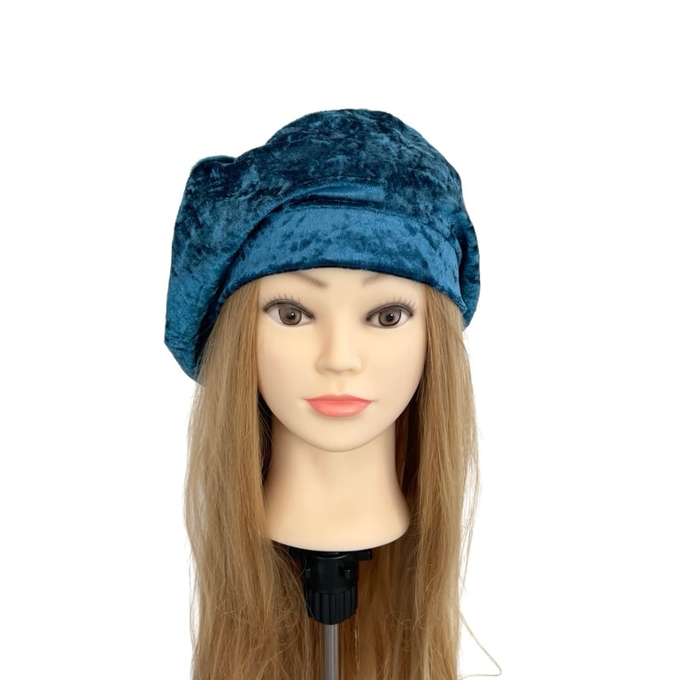 Teal Blue Retro Vintage Style Beret Hat for Women Crushed Velour Beret Hat 