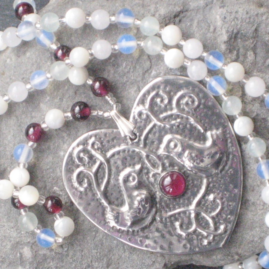 Silver Pewter Heart Birds Necklace with Garnet