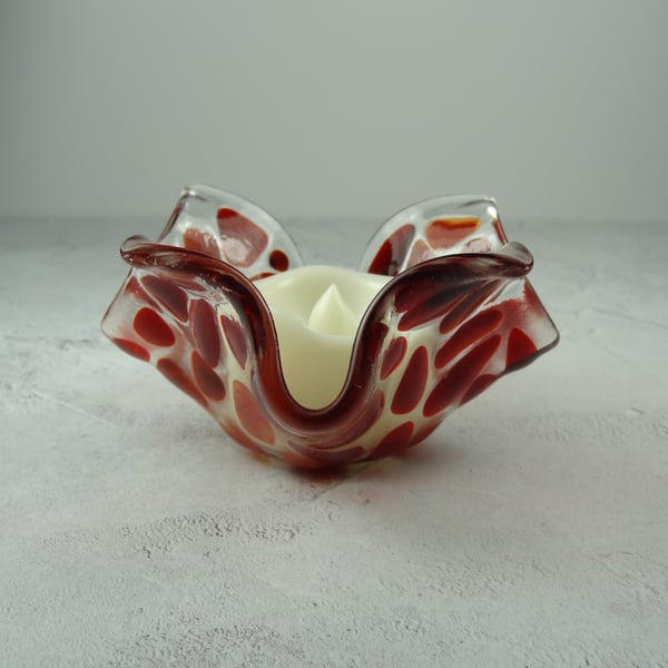 Red mosaic fused glass tealight holder LED flickering flame battery candle