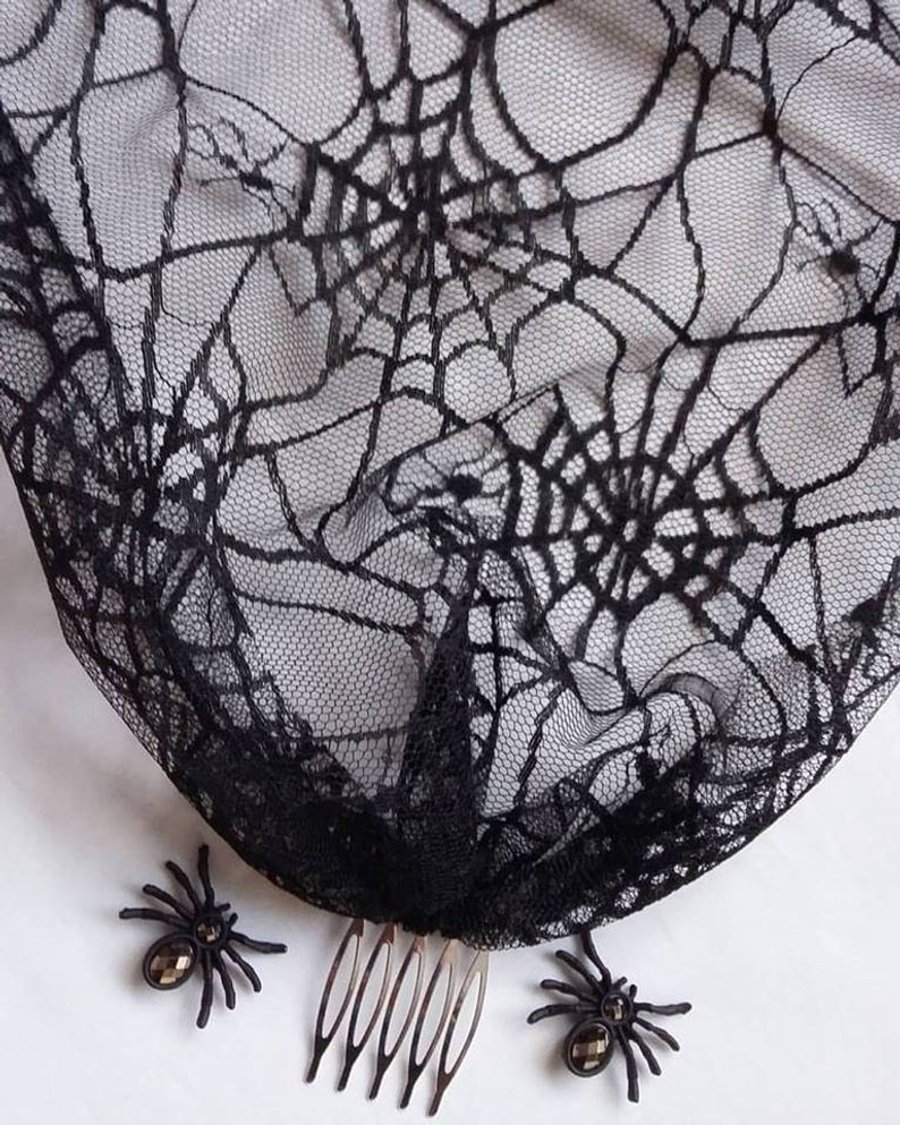Black Halloween Cobweb Tulle Shimmering Bandeau Birdcage Gothic Veil