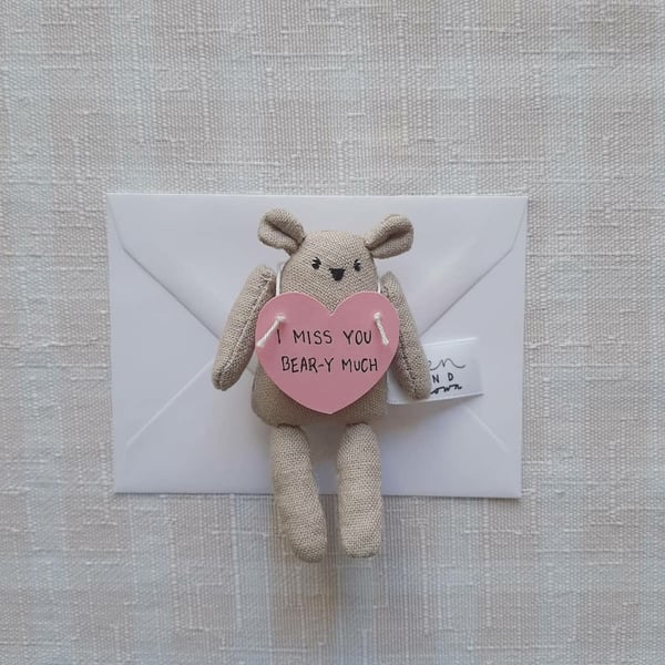 Small Pocket Light Brown Bear holding Note, I Miss You, Gift