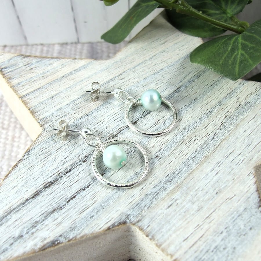 Earrings, Sterling Silver Circle and Pastel Green Pearl