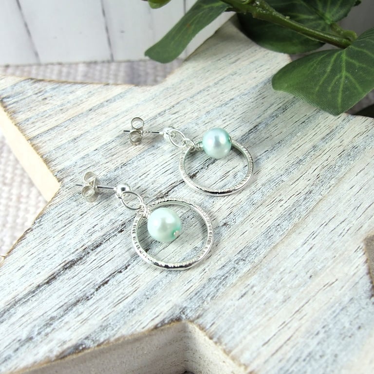 Earrings, Sterling Silver Circle and Pastel Green Pearl