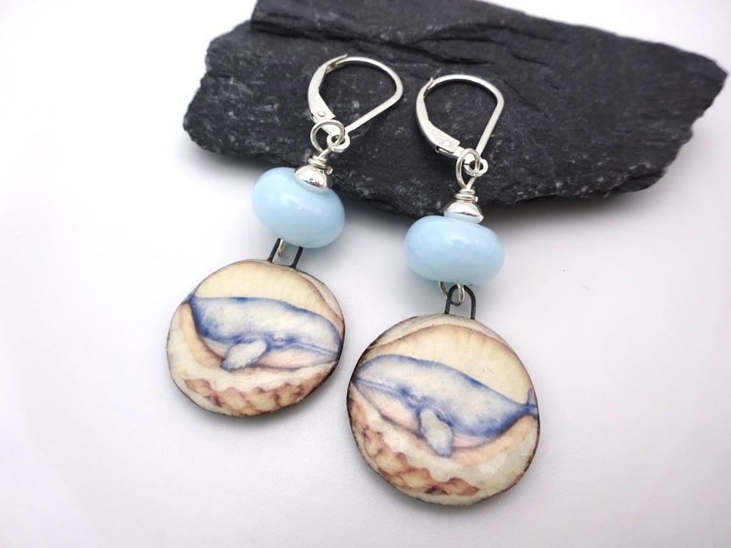 lampwork glass blue whale earrings