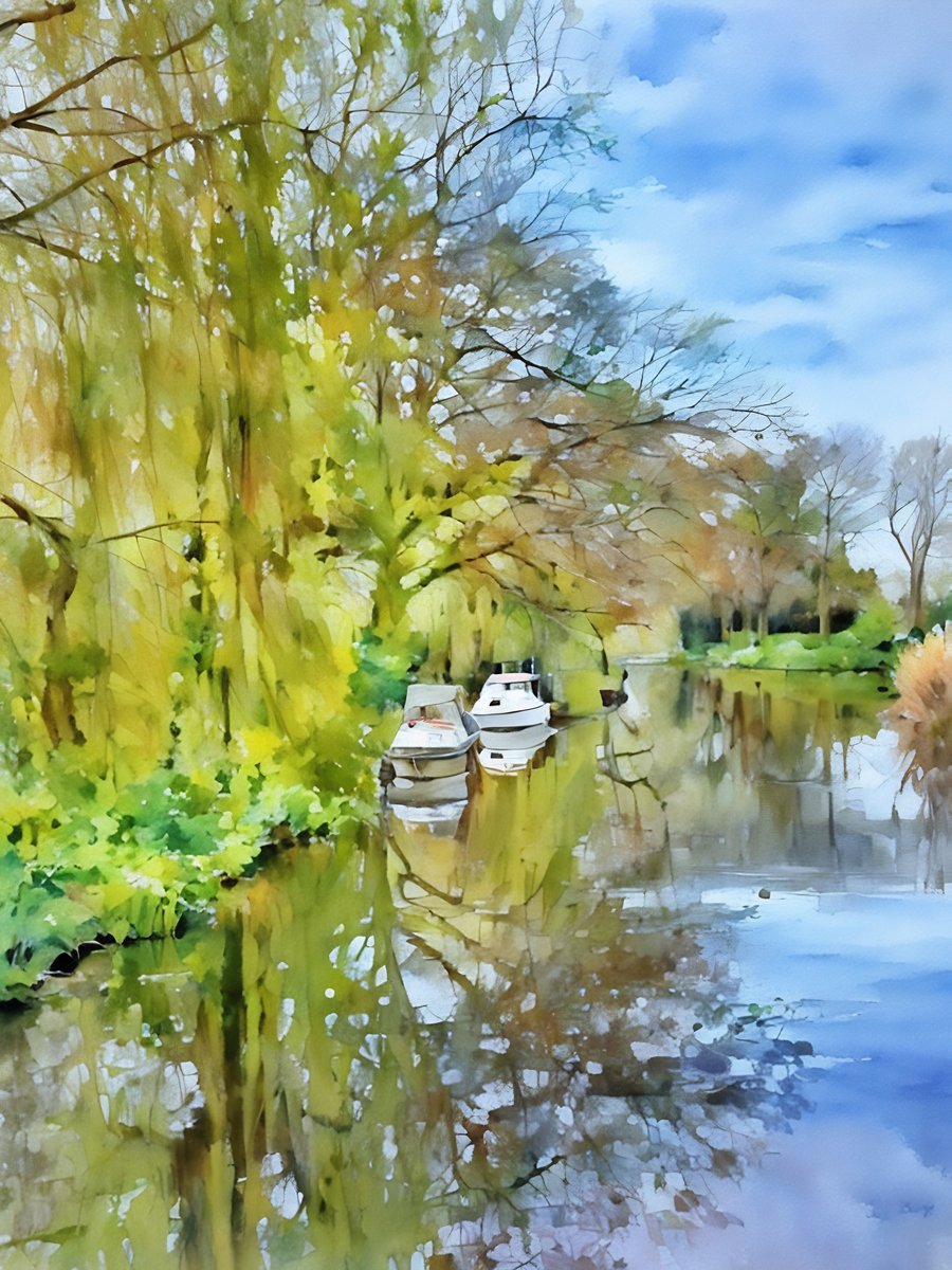 A4 Print Of Boats & Willow Trees Well Creek Norfolk