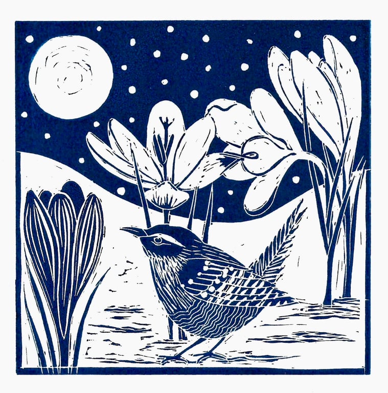 A freshly printed linocut card featuring a Wren and crocus