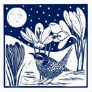 A freshly printed linocut card featuring a Wren and crocus