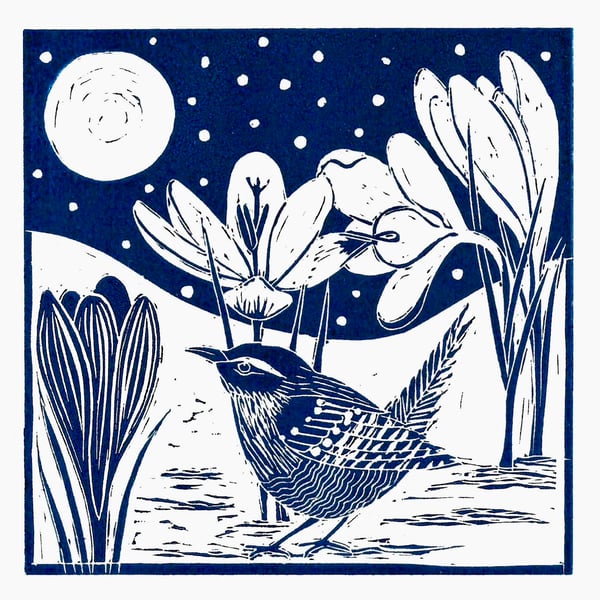 A freshly printed linocut card featuring a Wren and crocus