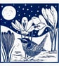 A freshly printed linocut card featuring a Wren and crocus