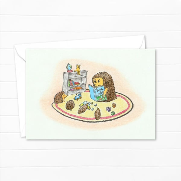 Hedgehogs Storytime Greeting Card: Cute Pencil Illustration, Blank Inside (207)