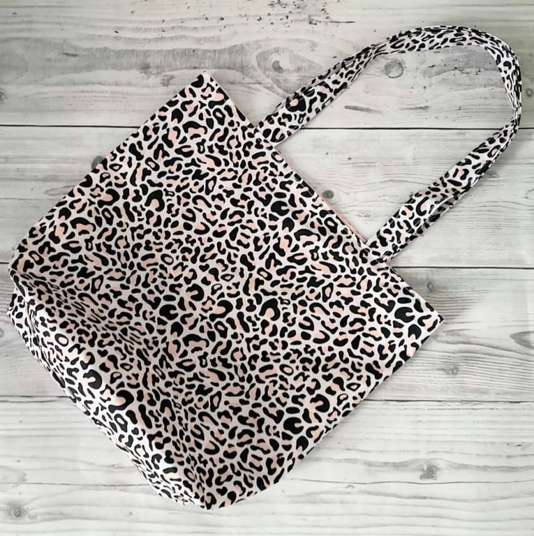 Pink Leopard Print Lined Cotton Fabric Tote Bag.