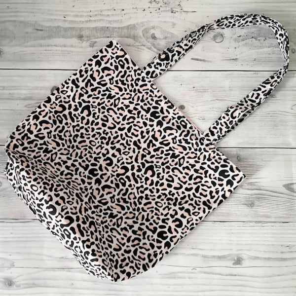 Pink Leopard Print Lined Cotton Fabric Tote Bag.