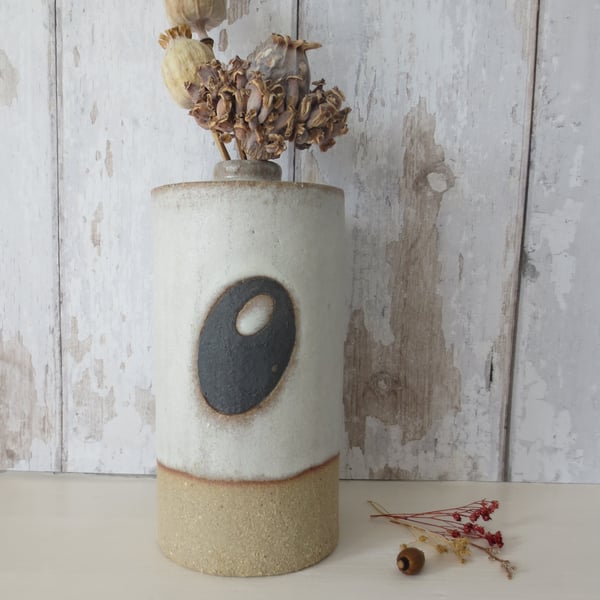 Hand-built stoneware pottery bottle in white and black