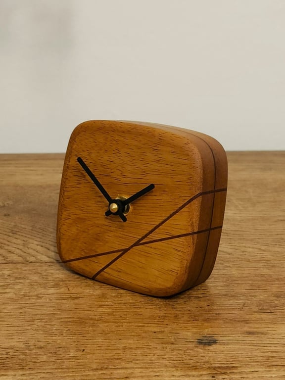 No. 105 Iroko Desk Clock with Inlaid Lines Smooth Face and Black Hands