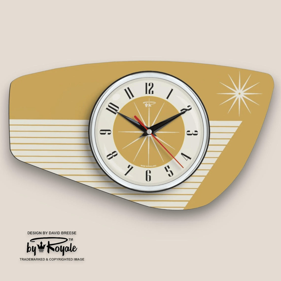 Mid Century Modern Royalexe Laminate Clock By Royale - Radio Grill in Burnt Gold
