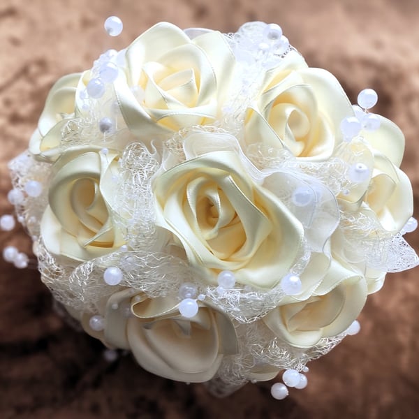 Unique Cream & White Satin Roses & Pearl Large Bridal Wedding Bouquet