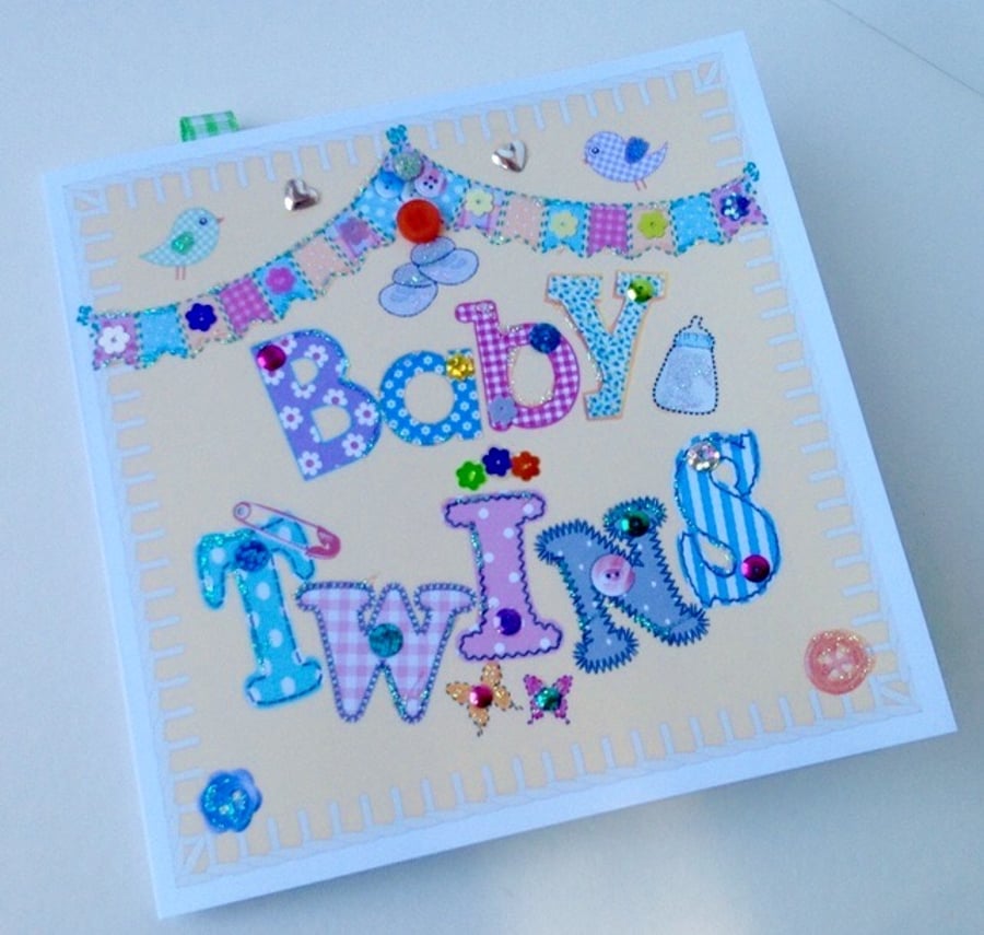 New Baby Twins,Printed Appliqué,Design,Handmade Baby Card,Can Be Personalised