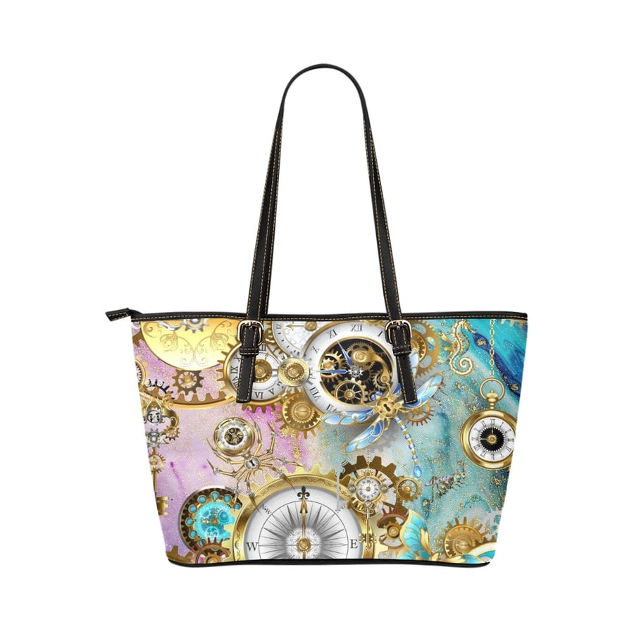 Timeless Wonder Artistic Steampunk Inspired PU Leather Tote Bag.
