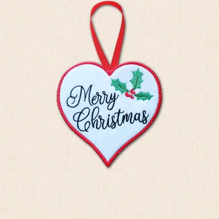 Merry Christmas Heart Decoration - Embroidered Tree Ornament