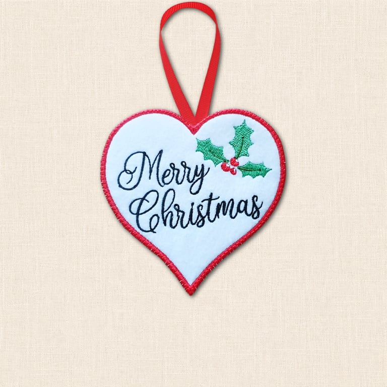 Merry Christmas Heart Decoration - Embroidered Tree Ornament