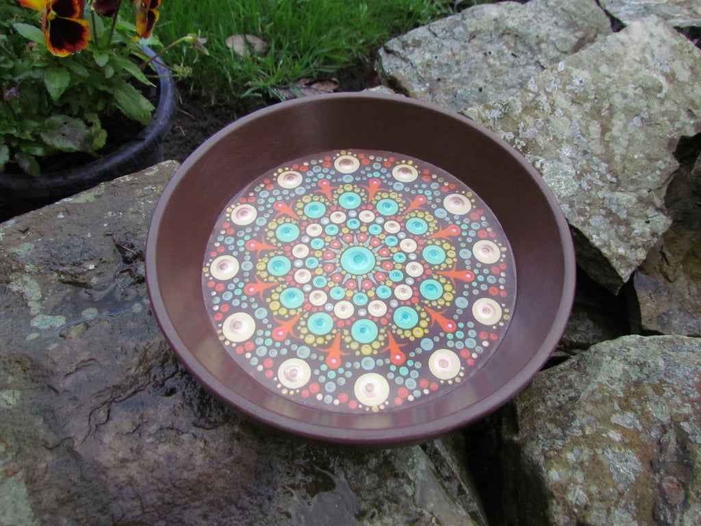 Bird Bath Garden Water Dish, Hand-Crafted Mandala Dot Art Decoration  