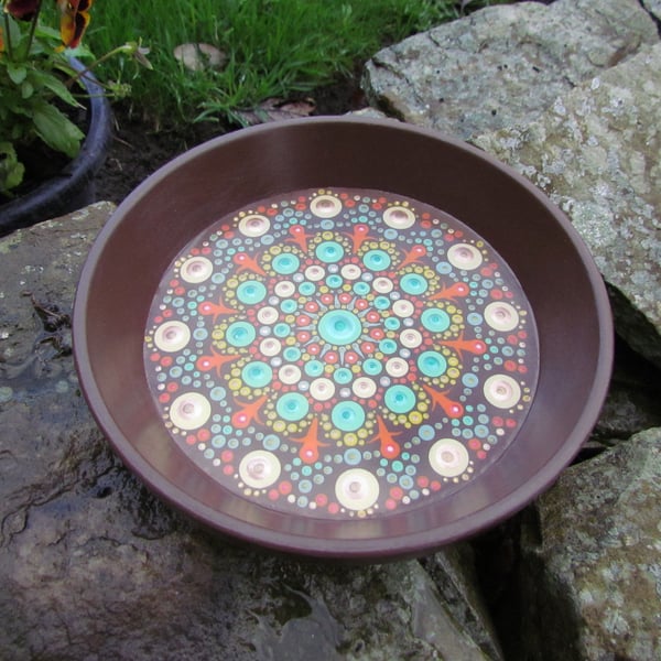 Bird Bath Garden Water Dish, Hand-Crafted Mandala Dot Art Decoration  