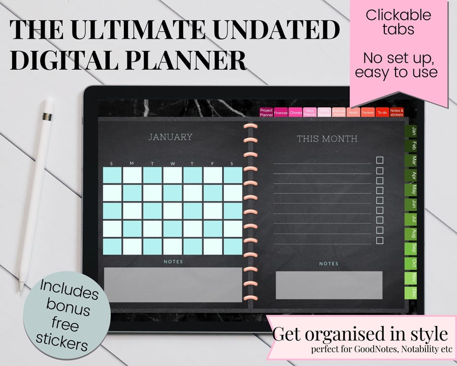 Greys and Brights Undated Digital Hyperlinked Planner iPad Goodnotes Noteability