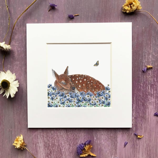 'Wildflower Fawn' 5" x 5" Mounted Print