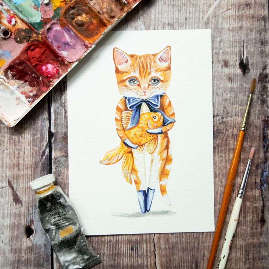 Mini print, A6, of a ginger cat called Simon with a goldfish. Hand embellished 