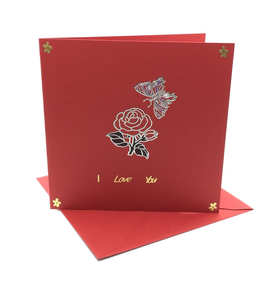 Red Rose and Butterfly Valentine's and Anniversary Card