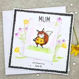 Mum birthday card, cards, handmade, fox, flowers, cartoon style 