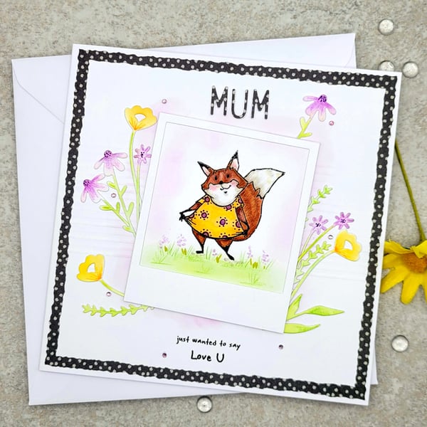  Card - birthday cards, mum, handmade, mothers day, fox, flowers, cartoon style 