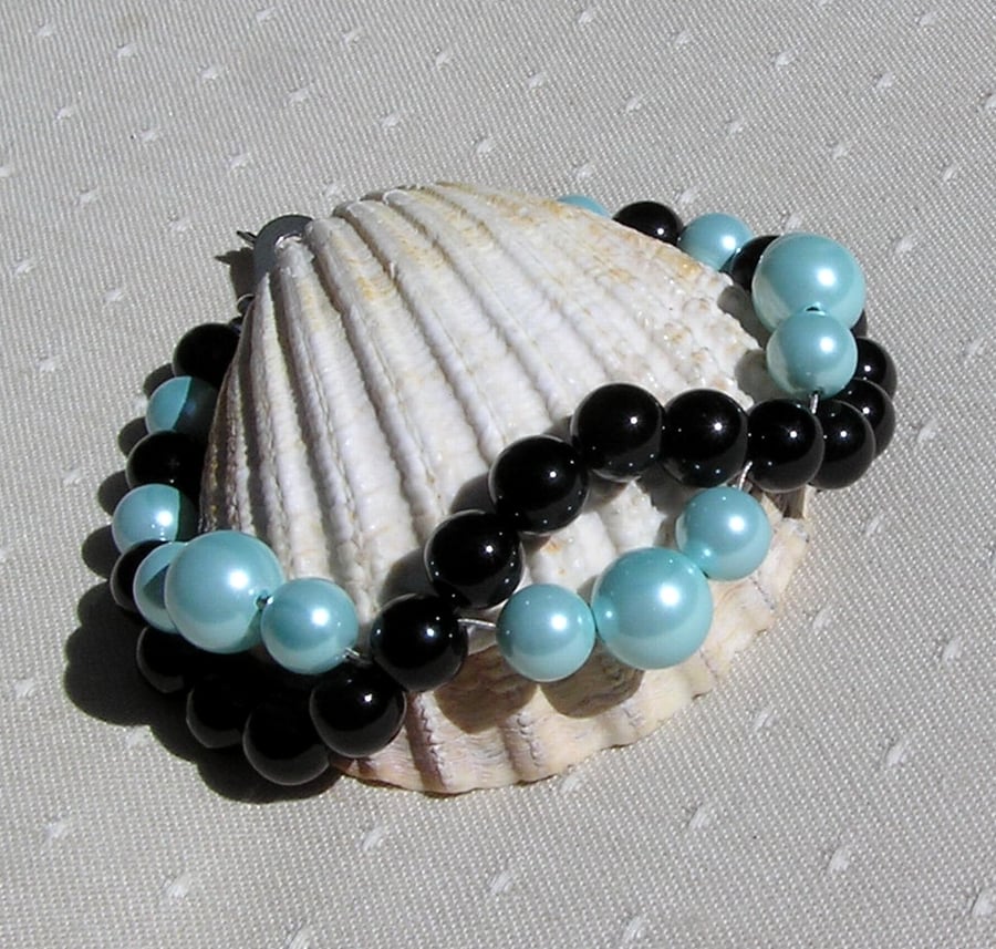 Black Onyx & Turquoise Shell Pearl Crystal Gemstone Wave Bracelet "Azure Sunset"