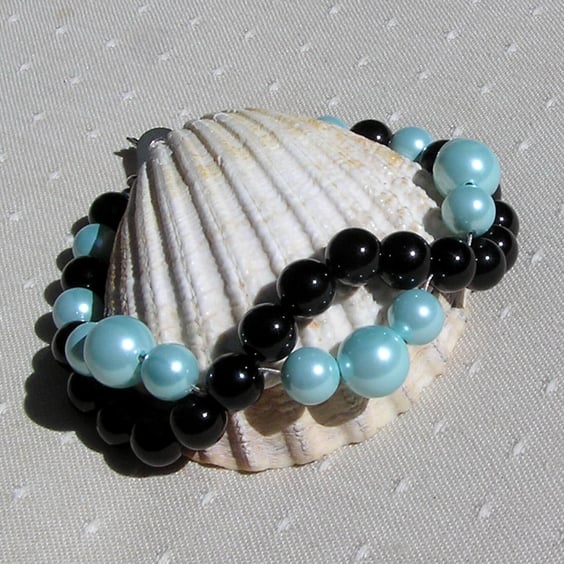 Black Onyx & Turquoise Shell Pearl Gemstone Wave Bracelet "Azure Sunset"
