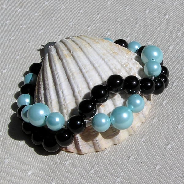 Black Onyx & Turquoise Shell Pearl Crystal Gemstone Wave Bracelet "Azure Sunset"