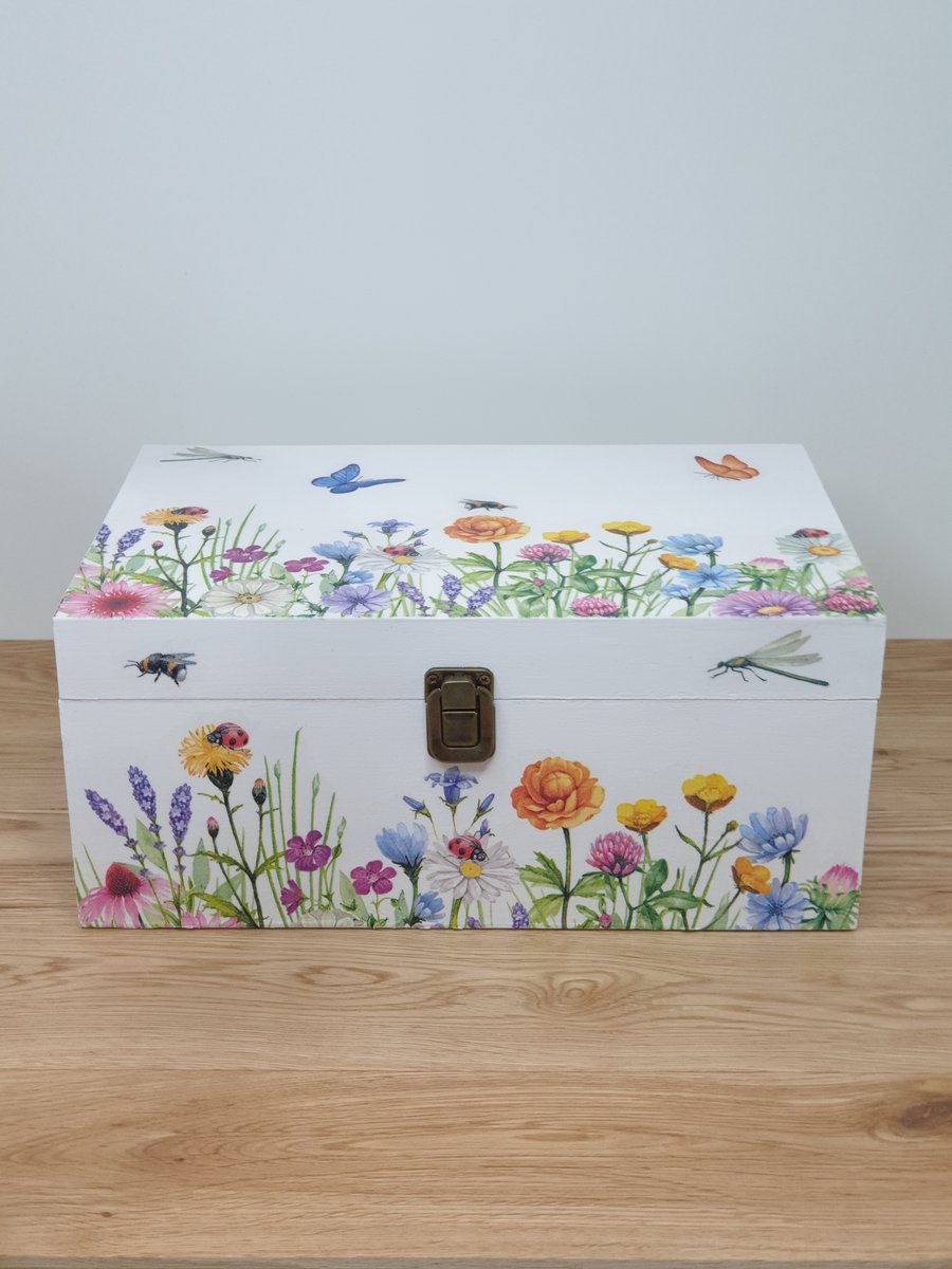 Wooden memory box or storage box with flowers, butterflies, bees, dragonflies 