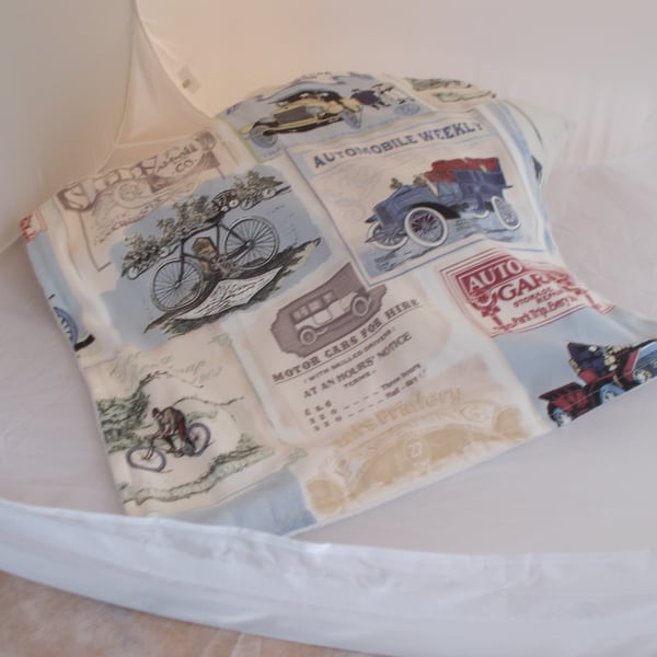 Lovely soft lap mat for cat. Print with vintage style posters of cars and cycles