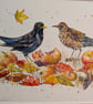 Apples for Breakfast (blackbirds eating windfall apples) an A4 or A3 print.  - Image 2