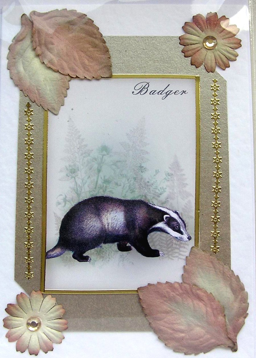 Badger Animal - Hand Crafted Decoupage Card - Blank for any Occasion (2410)