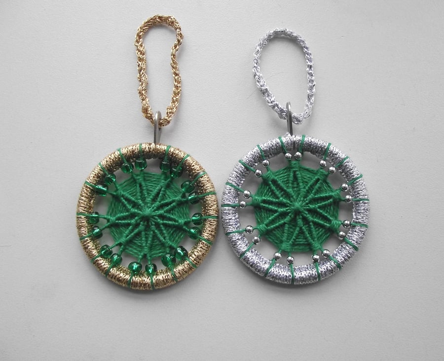 Christmas Decorations, Set of 2, Dorset Buttons, Green & Silver, Green & Gold