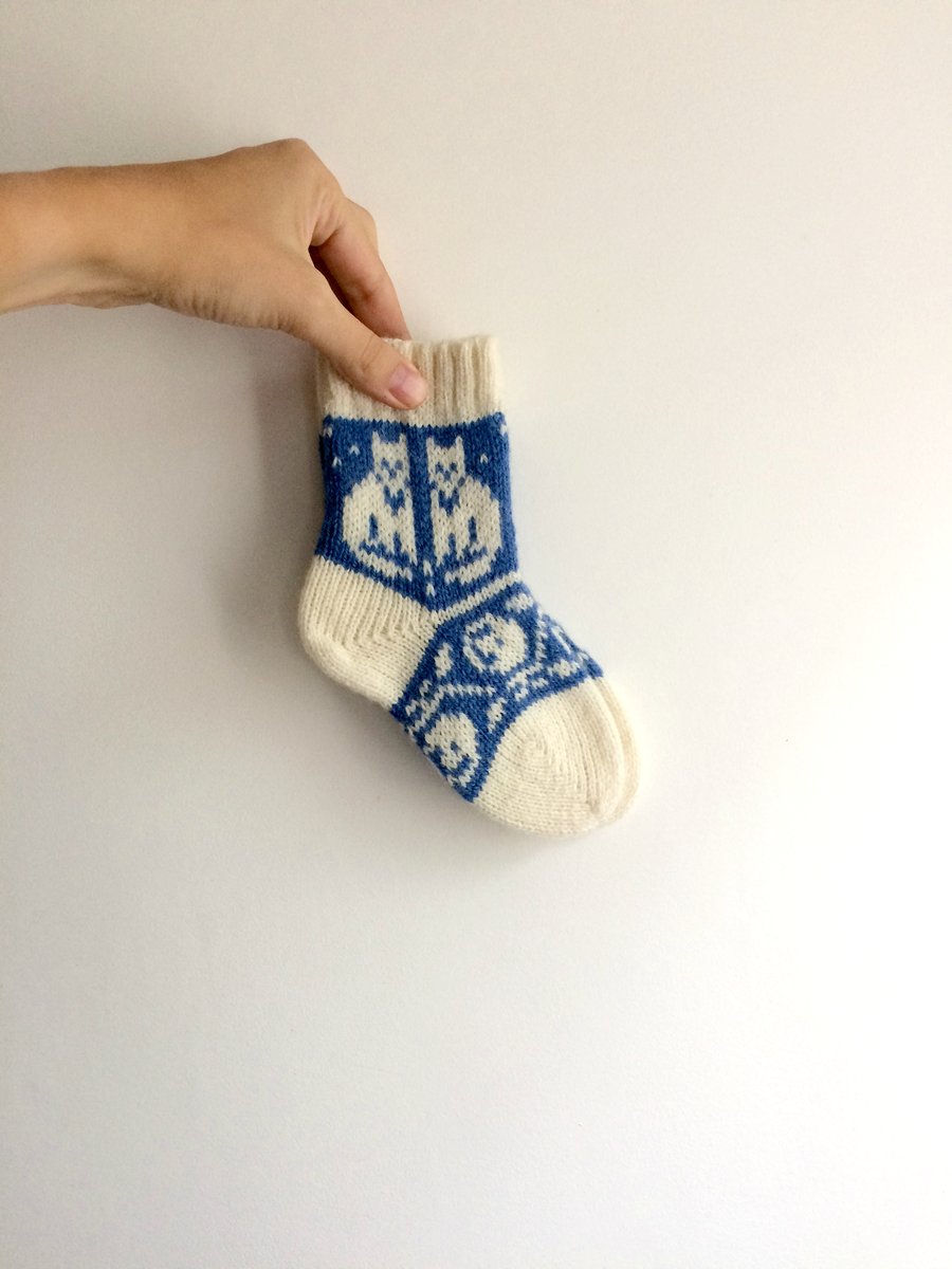 Children Kids Socks White Wool Blue Cat Kitten Kitty Fair Isle Winter Christmas 