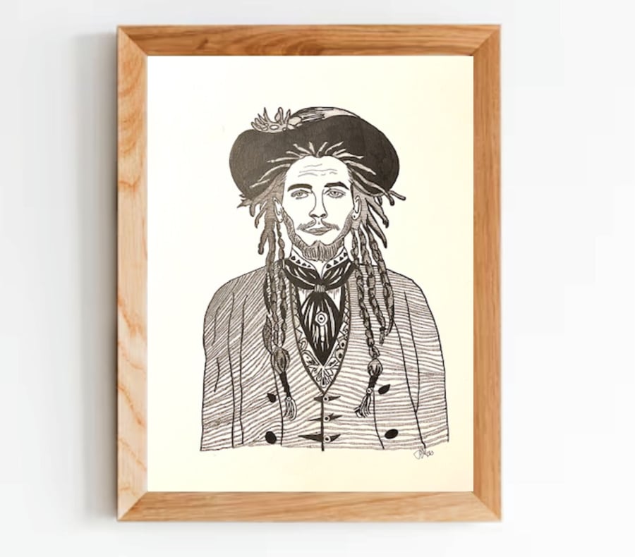 'Dandy Dred' a hand drawn gent in acrylics and fine liner.