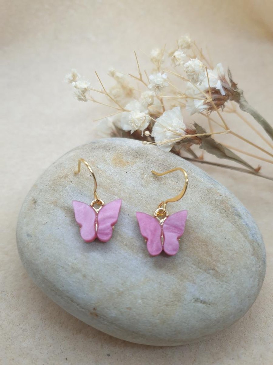 Handmade gold plated 18k earrings  with sweet fuchsia pink acrylic butterfly
