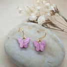 Handmade gold plated 18k earrings  with sweet fuchsia pink acrylic butterfly
