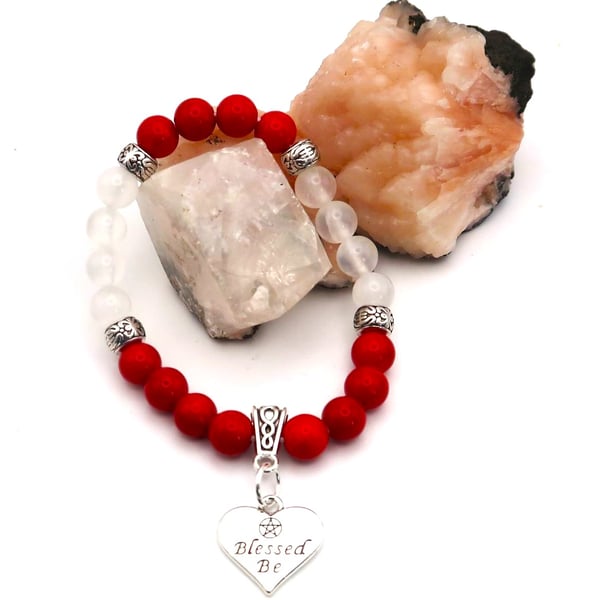 Red Jade and Selenite Stretch Bracelet with Blessing Charm.