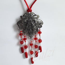 Upcycled Ornate Buckle Necklace-Red