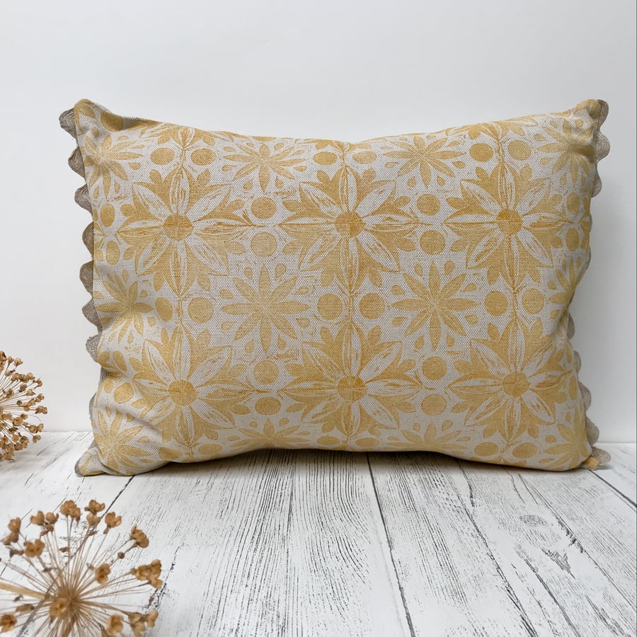 Hand Printed Linen  Oblong Cushion - RUNA - Ochre Yellow